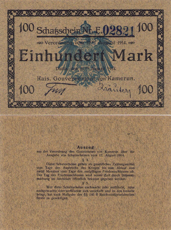 Geldscheine der deutschen Kolonien
Kamerun 100 Mark 12.8.1914. Schatzschein-Nr....