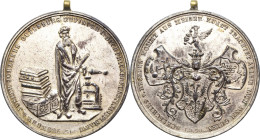 Buchdruck
 Versilberte Bronzemedaille o.J. (F.O. Sch.) Johannes Gutenberg. Gutenberg steht neben mehreren Büchern und Druckpresse / Buchdruckerwappen...