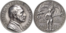 Drittes Reich
 Silbermedaille 1933. Auf die Wahl Adolf Hitlers zum Reichskanzler. Brustbild Hitlers nach rechts / Soldat mit wehender Fahne. Mit Rand...