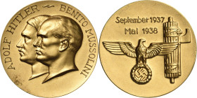 Drittes Reich
 Vergoldete Weißmetallmedaille 1938 (unsigniert) Treffen Mussolini-Hitler 1937 und 1938. Brustbilder der beiden nebeneinander nach link...