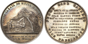 Eisenbahnen
 Silbermedaille 1868 (unsigniert) Auf die Eröffnung der Eisenbahnlinie Mejia-Arequipa (Peru). Lokomotive vor einem Berg mit Tunnel / 10 Z...