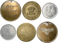 Eisenbahnen
 Versilberter Bronzejeton o.J. Dienstmarke Bahn-Kriminalpolizei. 3 Zeilen Schrift / Geflügeltes Rad über Punze '108'. 38,4 mm, 14,71 g. G...