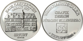König, Helmut 1934-2017 Silbermedaille 2000 (H. König/J. Ellenberg) Weihnachtstaler - Haus Dacheröden in Erfurt. Gebäudeansicht / Logo des Grafikers J...