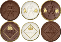 Porzellanmedaillen - Spendenmedaillen Staatliche Manufaktur Meißen
Freiberg Braune Porzellanmedaille mit Golddekor 1922. Ehrenmal der 182er. Stehende...