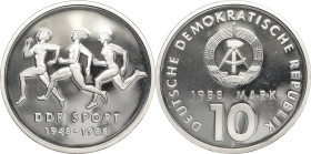 Fehlprägungen, Proben und Abschläge
 Probe 1988. 40 Jahre Turn- und Sportbund der DDR - Materialprobe in Silber. Mit Zertifikat. In Kapsel Jaeger 162...