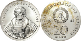 Kurs- und Gedenkmünzen
 20 Mark 1983. Luther. Lose in quadratischer Kapsel Jaeger 1591 Fast Stempelglanz