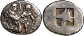 Thrakien Thasos
 Stater um 500 v. Chr. Satyr Ithyphallos im Knielaufschema nach rechts, eine sich wehrende Nymphe in Händen haltend / Windmühlenartig...