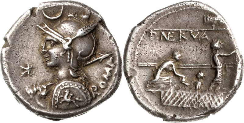 Römische Republik
P. Licinus Nerva 113-112 v. Chr Denar Brustbild der Roma mit ...