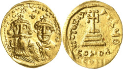 Heraclius 610-641 Solidus 629/632, Constantinopel Brustbilder des Heraclius mit langem Bart und des Heraclius Constantinus mit kurzem Bart von vorn, d...