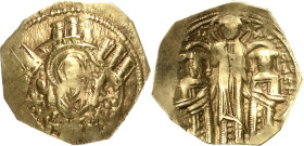 Andronikos II. mit Michael IX. 1295-1320 Hyperpyron 1305/1320, Constantinopel Halbfigur der Jungfrau Maria in Stadtmauern / Andronicus und Michael kni...