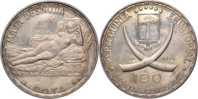 Äquatorialguinea
 100 Pesetas Guineanas 1970. Goya's Naked Maja. Mit ovalem Feingehaltsstempel (1000) neben linken Stoßzahn KM 13.5 Prachtvolles Exem...