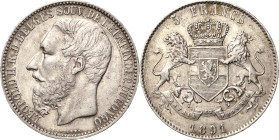 Belgisch-Kongo
Leopold II. 1865-1909 5 Francs 1891, Brüssel KM 8.1 Sehr schön-vorzüglich