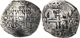 Bolivien
Karl II. 1665-1700 8 Reales 1689, P/VR-Potosi Schiffsgeld Cayon 7139 KM 26 27.88 g. Sehr selten. Übliche Schrötlingsfehler, sehr schön