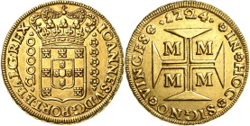 Brasilien
Joao V. 1706-1750 20 000 Reis 1724, M-Minas Gerais Mit interessantem Prägefehler (Lichtenrader Prägung) KM 117 Friedberg 33 (rare) Prober O...