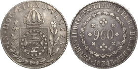 Brasilien
Pedro II. 1831-1889 960 Reis 1834, R-Rio de Janeiro Gekröntes Wappen in Kranz, + IN + HOC + SIGNO + VINCES + / Wert zwischen Rosetten in Kr...