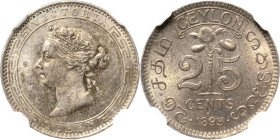 Ceylon
Victoria 1837-1901 25 Cents 1893. Im NGC-Slab mit der Bewertung MS64 KM 95 Prachtvolles Exemplar mit feiner Patina. Prägefrisch
