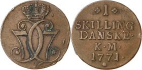 Dänemark
Christian VII. 1766-1808 Skilling 1771, Kopenhagen Interpunktionsvariante mit Punkt nach DANSKE Hede 37 var Selten. Sehr schön+