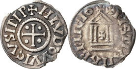 Frankreich
Ludwig der Fromme 814-840 Denar, unbekannte Münzstätte Kreuz, in den Winkeln je eine Kugel, + HLVDOVVICVS IMP / Letternkirche, + XPISTIANA...