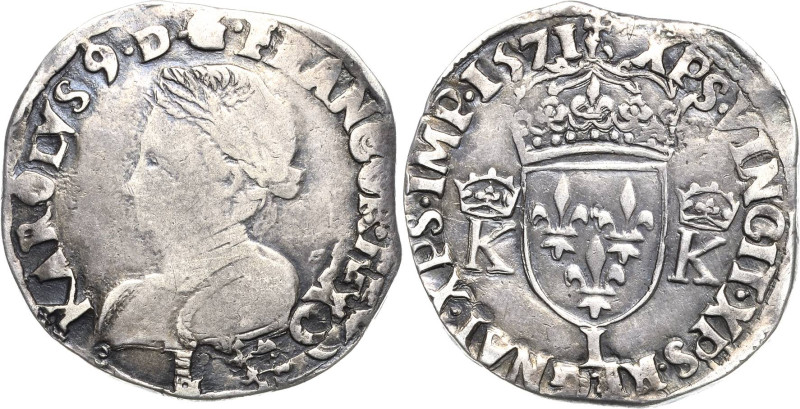 Frankreich
Karl IX. 1560-1574 Teston 1571, L-Bayonne Doppeladler, auf der Brust...