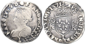 Frankreich
Karl IX. 1560-1574 Teston 1571, L-Bayonne Doppeladler, auf der Brust Stadtwappen / Stehender Kaiser Karl V Duplessy 1069 Selten. Sehr schö...