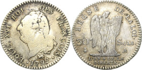 Frankreich
Ludwig XVI. 1774-1793 30 Sols 1792 (AN 4), A-Paris Gadoury 39 Droulers 903 Duplessy 1720 Revers justiert, sehr schön