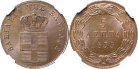 Griechenland
Otto I. 1832-1862 5 Lepta 1833, München Erster Typ. im NGC-Slab mit der Bewertung MS 64 BN Divo 21 Karmitsos 55 KM 16 Prägefrisch