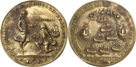 Großbritannien
George II. 1727-1760 Bronzemedaille 1739. Auf die Einnahme von Porto Bello. Admiral Vernon vor kniendem Commander / 7 Schiffe fahren i...