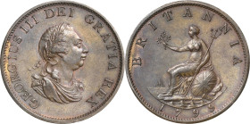 Großbritannien
George III. 1760-1820 Halfpenny 1799, Soho 5 incuse gunport variety Spink 3778 Prachtvolles Exemplar. Fast prägefrisch