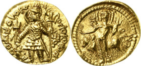 Indien-Kushan
Vasudeva II. 312/332-350 Goldstater Peshawar (Pushapapura) Serie. König steht mit Dreizack vor Altar, rechts Nandipanda-Symbol / Siva s...