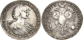 Russland
Peter I. der Große 1689-1725 Poltina (1/2 Rubel) 1723, Roter Münzhof/Moskau Bitkin 1040 (R) Sehr schön