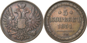 Russland
Nikolaus I. 1825-1855 5 Kopeken 1851, BM-Warschau Bitkin 852 (R1) Brekke 266 (R1) Sehr selten. Avers kl. Kratzer, sehr schön