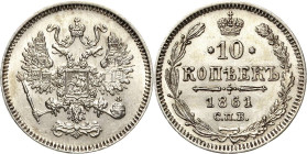 Russland
Alexander II. 1855-1881 10 Kopeken 1861, SPB-St. Petersburg Im Avers rechtes Wappenfeld leer, im Revers ohne Münzmeisterzeichen Bitkin -, vg...