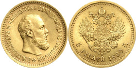 Russland
Alexander III. 1881-1894 5 Rubel 1890, AG-St. Petersburg Bitkin 35 Schlumberger 182 Friedberg 168 GOLD. 6.44 g. Prägefrisch