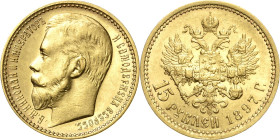 Russland
Nikolaus II. 1894-1917 15 Rubel 1897, AG-St. Petersburg Bitkin 2 Schlumberger 197 Friedberg 177 GOLD. 12.90 g. Vorzüglich