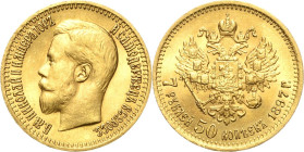Russland
Nikolaus II. 1894-1917 7 1/2 Rubel 1897, AG-St. Petersburg Bitkin 17 Schlumberger 215 Friedberg 178 GOLD. 6.44 g. Vorzüglich-prägefrisch