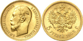 Russland
Nikolaus II. 1894-1917 5 Rubel 1903, AG-St. Petersburg Bitkin 30 Schlumberger 225 Friedberg 180 GOLD. 4.30 g. Prägefrisch