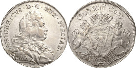 Schweden
Friedrich I. 1720-1751 Riksdaler 1739, HM-Stockholm Münzmeister Hans Malmberg. Geharnischtes Brustbild nach rechts, Variante mit Kronen am A...
