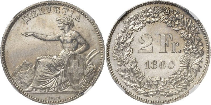 Schweiz-Eidgenossenschaft
 2 Franken 1860, B-Bern Im NGC-Slab mit der Bewertung...