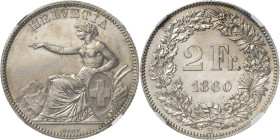 Schweiz-Eidgenossenschaft
 2 Franken 1860, B-Bern Im NGC-Slab mit der Bewertung UNC Details HMZ 2-1201 c Divo 28 Leicht gereinigt, fast Stempelglanz