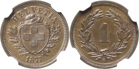 Schweiz-Eidgenossenschaft
 Rappen 1877, B-Bern Im NGC-Slab mit der Bewertung MS 63 BN HMZ 2-1215 p Divo 11 Prägefrisch