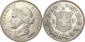Schweiz-Eidgenossenschaft
 5 Franken 1892, B-Bern HMZ 2-1198 e Divo 127 Davenport 392 Sehr schön