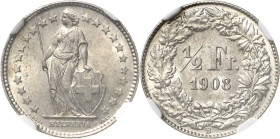 Schweiz-Eidgenossenschaft
 1/2 Franken 1908, B-Bern Im NGC-Slab mit der Bewertung MS 64 HMZ 2-1206 r Divo 249 Prachtexemplar. Stempelglanz