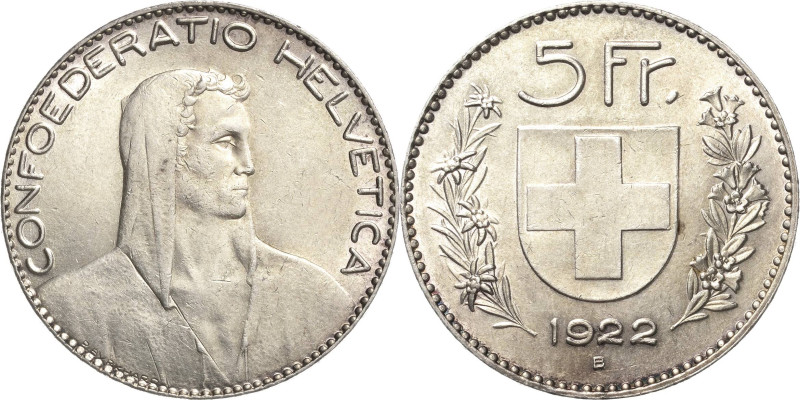 Schweiz-Eidgenossenschaft
 5 Franken 1922, B-Bern HMZ 2-1199 a Divo 9 Davenport...