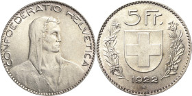 Schweiz-Eidgenossenschaft
 5 Franken 1922, B-Bern HMZ 2-1199 a Divo 9 Davenport 394 Kl. Kratzer, vorzüglich-Stempelglanz