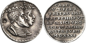Habsburg
Ferdinand I. 1521-1564 Silbergussmedaille 1531. Auf seine Königskrönung. Die Brustbilder Ferdinands I. und Karls V. nach rechts / 8 Zeilen S...