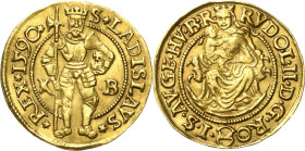 Habsburg
Rudolf II. 1576-1612 Goldgulden 1590, KB-Kremnitz Patrona Hungariae Huszar 1002 Friedberg 63 GOLD. 3.44 g. Sehr schön-vorzüglich