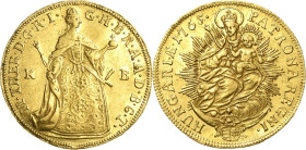 Habsburg
Maria Theresia 1740-1780 Dukat 1765, KB-Kremnitz Patrona Hungariae Eypeltauer 251 Huszar 1652 Friedberg 180 GOLD. 3.45 g. Sehr schön-vorzügl...