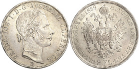 Kaiserreich Österreich
Franz Joseph I. 1848-1916 Doppelgulden 1859, B-Kremnitz Jaeger 329 Davenport 22 Min. justiert, fast Stempelglanz