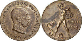 Kaiserreich Österreich
Franz Joseph I. 1848-1916 Krone 1914, o. Mzz. (Karl Goetz) Probe. Kupfer, glatter Rand. 22,8 mm, 4,42 g Kienast 79 Sehr selten...