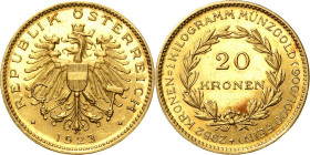 Kaiserreich Österreich
1. Republik 1918-1938 20 Kronen 1923, Wien Jaeger 422 Friedberg 519 Schlumberger 677 GOLD. 6.78 g. Attraktives Exemplar vom Er...